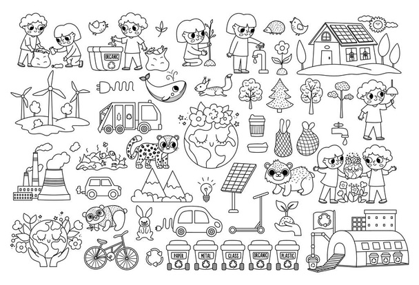 Vector black and white ecological set for kids. Earth day line collection with cute children, planet, waste recycling concept. Environment friendly coloring pack with alternative energy, solar panel - Vector, Imagen