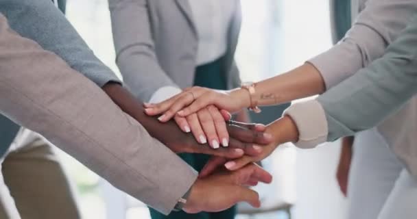 Hands, stack and business people with team building, motivation and teamwork in an office. Collaboration, diversity and corporate staff in celebration for success project in workplace conference room. - Metraje, vídeo