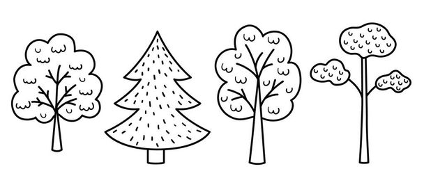 Vector black and white trees set. Woodland coloring page for kids. Cute nature outline collection with plants. Garden or forest icons pac - Vektor, obrázek
