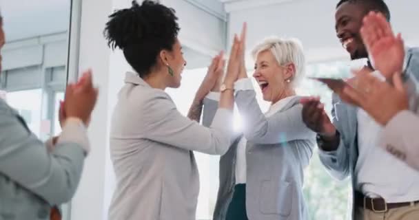 High five, team and support with business people and success, celebrate winning and solidarity with teamwork. Diversity, celebration and collaboration with happy employee group, applause and winner - Séquence, vidéo