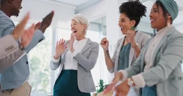High five, team and support with business people and success, celebrate winning and solidarity with teamwork. Diversity, celebration and collaboration with happy employee group, applause and winner - Metraje, vídeo