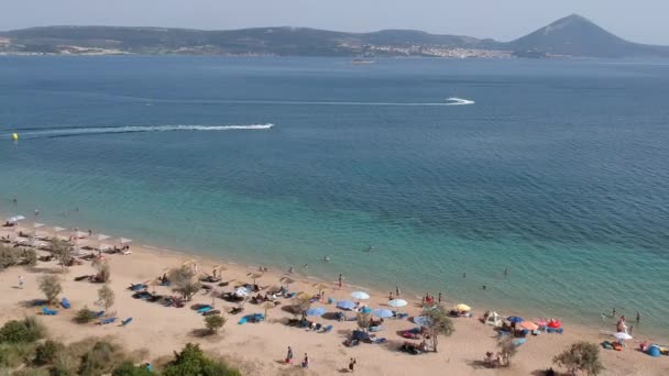 Panoramic aerial view over the shipwreck in Divari beach near Navarino bay, Gialova. It is one of the best beaches in mediterranean Europe located in Messinia, Greece - Footage, Video