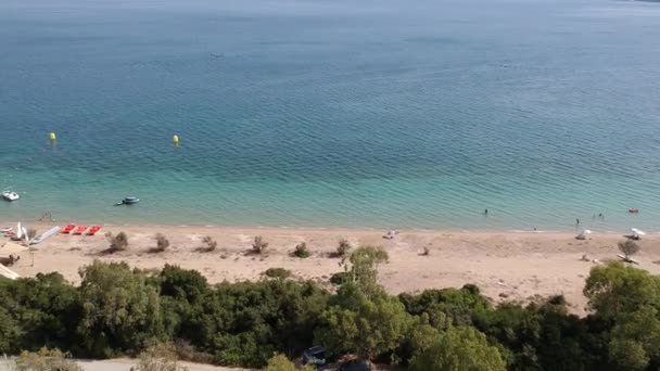 Panoramic aerial view over the shipwreck in Divari beach near Navarino bay, Gialova. It is one of the best beaches in mediterranean Europe located in Messinia, Greece - Footage, Video