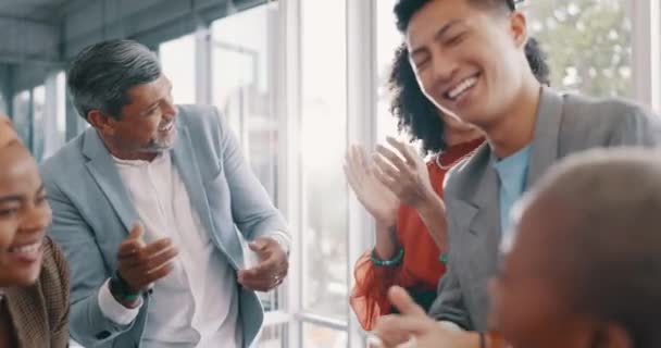 Celebration applause, diversity team or business people clapping for collaboration achievement, profit success or promotion. Support, congratulations and excited employee group happy for sales profit. - Footage, Video