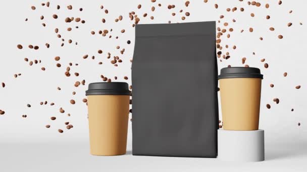 Paper pouch bag coffee cups black lids falling beans podium 3D animation. Coffee shop discount demonstration delivery Hot drinks sale. Merchandise promo design. Blank packaging template flying arabica - Filmagem, Vídeo