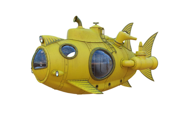 Steampunk concept yellow fish shaped submarine. Isolated 3D illustration.  - Photo, Image