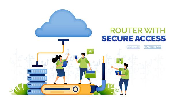 Illustration of people accessing a database network to the cloud to work and communicate with wifi internet access provided with hardware router technology. can use for ad, poster, campaign, apps - Vector, imagen