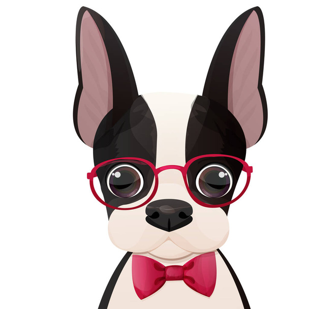 Boston terriër koele puppy met bril en boog portret in cartoon stijl geïsoleerd op witte achtergrond. Leuke hond, print design. Vectorillustratie - Vector, afbeelding