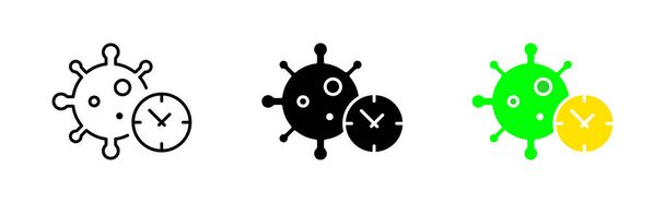 Virus kellolinjan kuvakkeella. Covid 19, sepelvaltimovirus, eristäytyminen, lukitus, karanteeni, mikrobi, itämisaika, taudin leviäminen, sairastuvuus, immuniteetti. Vektori kuvake linjassa, musta ja värikäs tyyli - Vektori, kuva