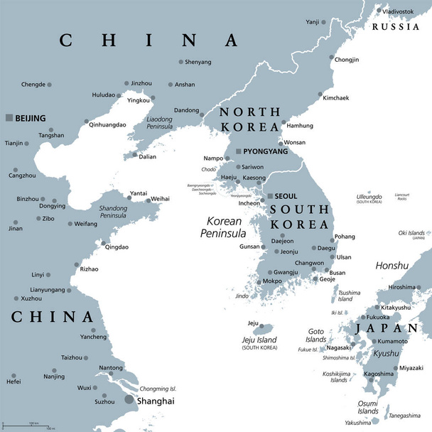 Koreai-félsziget, szürke politikai térkép. Észak-Korea és Dél-Korea között felosztott, Kína és Oroszország által határolt és Japántól a Koreai-szoros által elválasztott félszigeti régió. - Vektor, kép