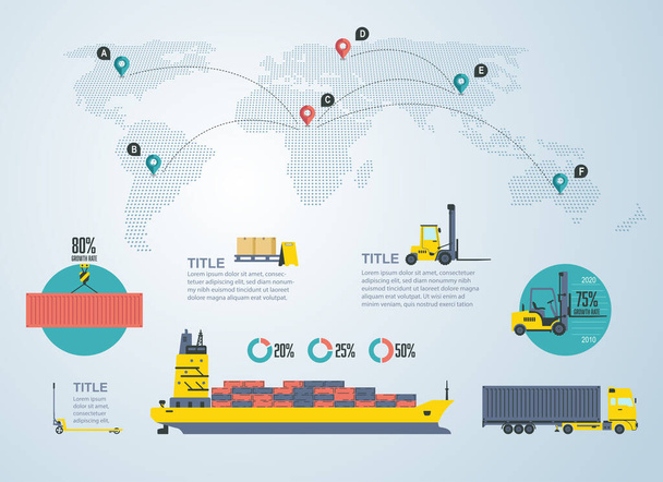 Konzeptionelle Ideen für Logistik-Infografik, punktierte Weltkarte mit globalem Geschäftstransportelement - Vektor, Bild