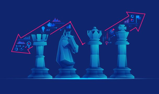 conceito de estratégia de negócios, gráfico de baixo poli cavaleiro, rei, rainha e peça de xadrez torre com elemento de negócio - Vetor, Imagem