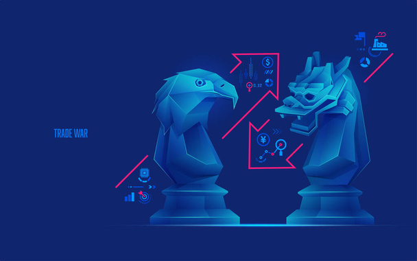 concept of international trade war, graphic of eagle chess piece versus dragon chess piece with business icons - Vektör, Görsel