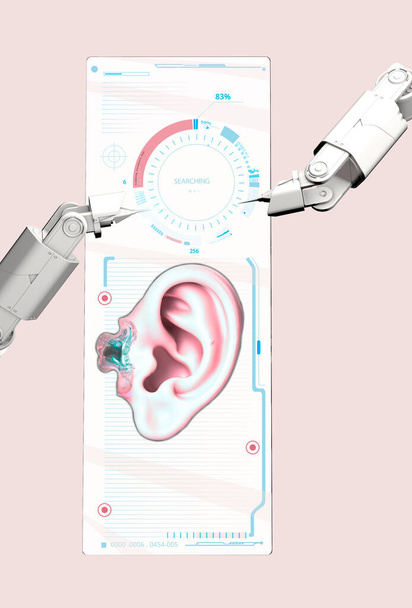 Braccio robotico e display trasparente. Hud. Studio dell'orecchio. Problemi e soluzioni uditive. Ultrasuoni. Sordità. Età avanzata e perdita dell'udito. Rendering 3D. Senso dell'udito - Foto, immagini