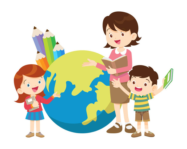 onnellinen opettaja Poika ja tytöt oppiminen tai opiskelu.lapset takaisin kouluun Concept koulutus.Oppilaat, joilla oppikirjoja ja koulun Earth Globe kuvake malli  - Vektori, kuva