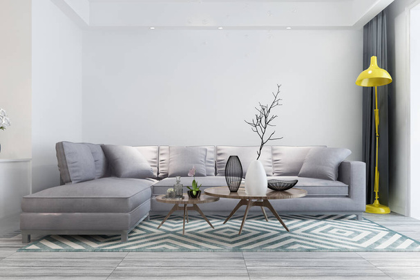 3D vykreslování luxus a moderní obývací pokoj s koženou pohovkou a lampou - Fotografie, Obrázek