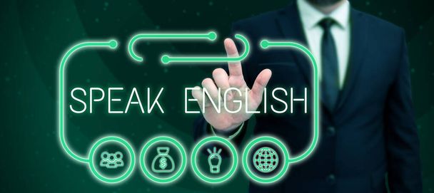 Szöveg jel mutatja Beszél angolul, Word Írta tanulmány egy másik idegen nyelv Online szóbeli kurzusok - Fotó, kép