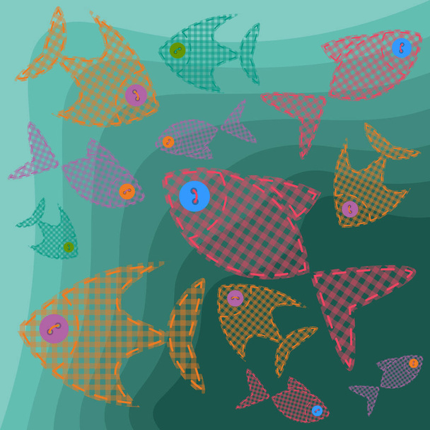 Čtvercové pozadí s roztomilé ručně dělané ryby s kostkovanou texturou a tlačítka - Vektor, obrázek