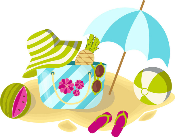 Isolated transparent summer beach compositions drawn in cartoon flat style with pineapple and watermelon  - Vector, Image