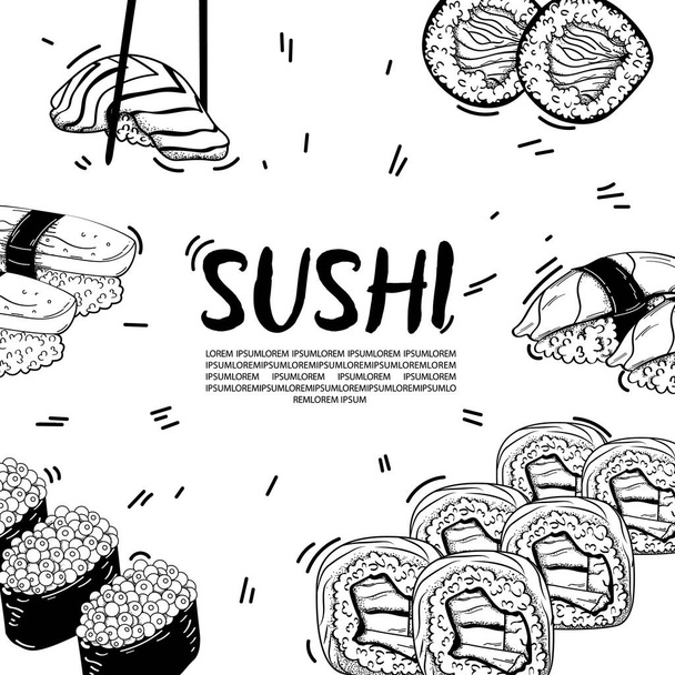 Σχεδιασμός διανυσματικής κάρτας με ζωγραφισμένη στο χέρι απεικόνιση σούσι με μελάνι. Vintage πρότυπο με παραδοσιακό ασιατικό σκετς τροφίμων. Θαλασσινά μενού σε λευκό φόντο. - Διάνυσμα, εικόνα