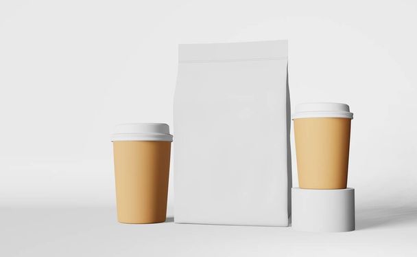 Paper coffee cups with white lid pouch bag mockup on podium 3D rendering. Coffee shop discount demonstration delivery Hot drinks sale. Merchandise promo design Blank packaging template roasted arabica - Foto, Imagem