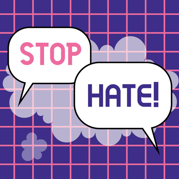 Κείμενο που δείχνει έμπνευση Σταματήστε το μίσος, λέξη για την πρόληψη της επιθετικής πίεσης ή εκφοβισμού σε άλλους - Φωτογραφία, εικόνα