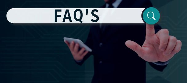 特定の主題に関する質問と回答のFAQ 、ビジネスアプローチのリストを提示するテキストキャプション - 写真・画像