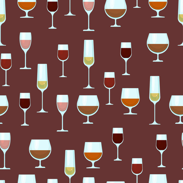 Wine glasses of different shapes with different alcohol seamless pattern. Vector background with alcohol. Print with alcoholic drinks. - Vector, imagen
