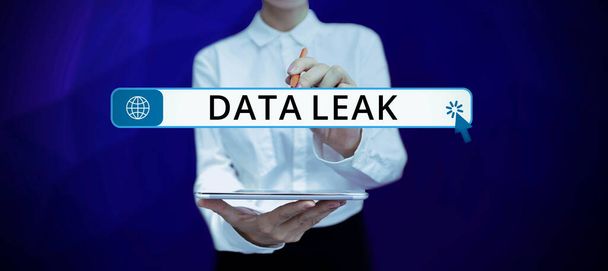 Szöveges megjelenítés Data Leak, Internet Concept megjelent illegális adatátvitel egy cég külső - Fotó, kép