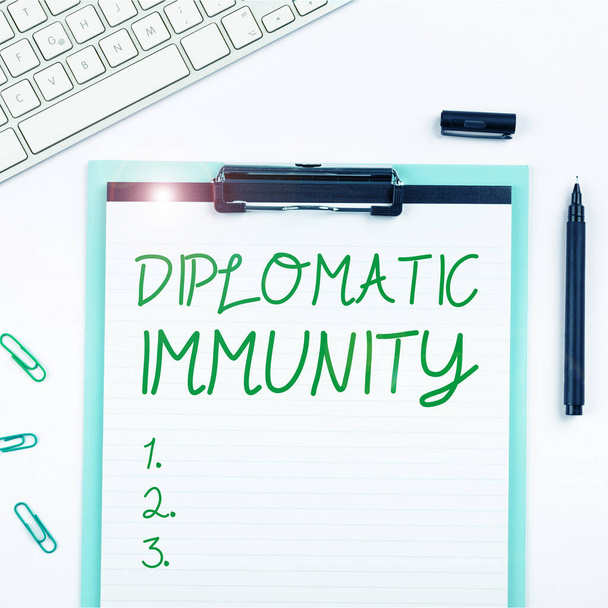 Inspiration showing sign Diplomatic Immunity, Business overview law that gives foreign diplomats special rights in the country they are working - Photo, Image