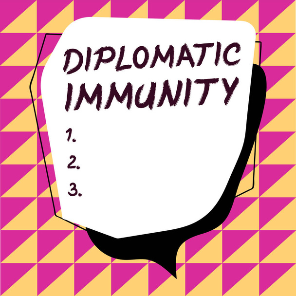 Diplomaattisen koskemattomuuden osoittava kyltti, Lakiin kirjoitettu sana, joka antaa ulkomaalaisille diplomaateille erityisoikeudet maassa, jossa he työskentelevät - Valokuva, kuva