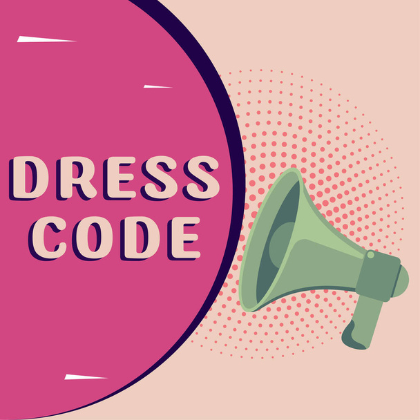 Firma che mostra Dress Code, concetto che significa un modo accettato di vestirsi per una particolare occasione o gruppo - Foto, immagini