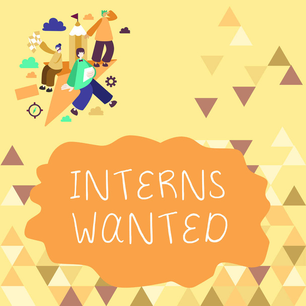 Text caption presenting Interns Wanted, Word Written on Looking for on the job trainee Part time Working student - Foto, imagen