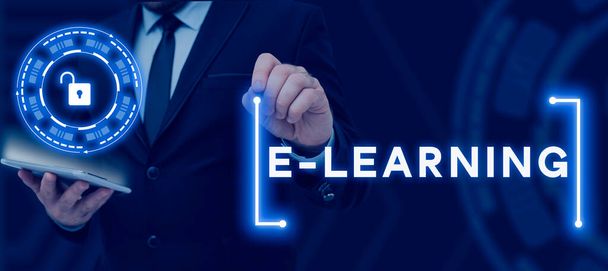 Konzeptionelle Präsentation E-Learning, Business-Konzeptunterricht, der typischerweise über elektronische Medien im Internet durchgeführt wird. - Foto, Bild