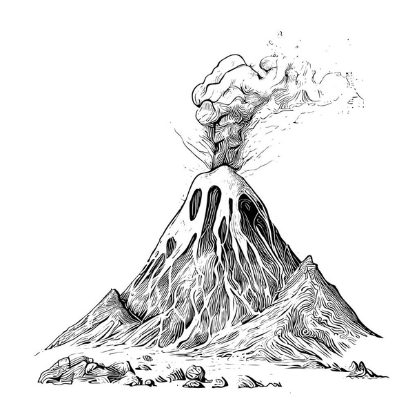 Vulcano che vomita schizzo lavico disegnato a mano in stile doodle Illustrazione vettoriale  - Vettoriali, immagini