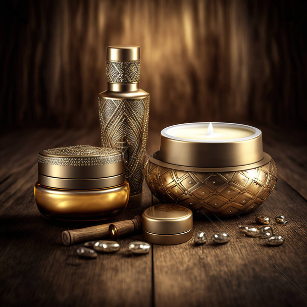 stunning art deco set of golden cosmetic products on color background wooden plank, product photography, copy space. Luxury concept. - Zdjęcie, obraz