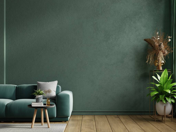 Mockup olohuone sisustus vihreä sohva tyhjä tummanvihreä seinä tausta.3d renderöinti - Valokuva, kuva