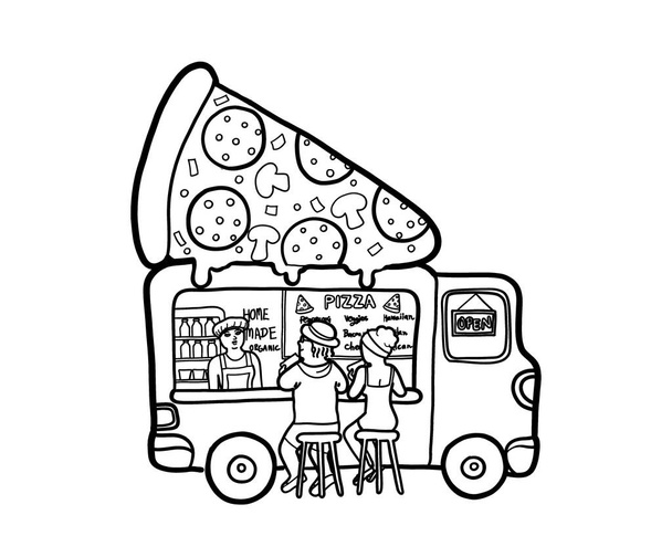 A street food truck with a vendor selling pizza to customers. Outdoor take away food and small business concept. - Foto, Imagen