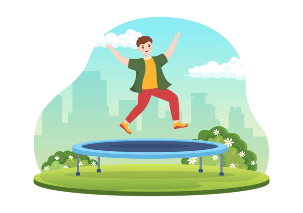 Trampolin-Illustration mit Jugendspringen auf einem Trampolin in handgezeichneter flacher Cartoon-Sommer-Outdoor-Aktivität Hintergrundvorlage - Vektor, Bild