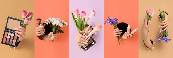 Σετ γυναικεία χέρια που κρατούν πινέλα μακιγιάζ, διακοσμητικά καλλυντικά και φρέσκα λουλούδια μέσα από τρύπες σε έγχρωμο χαρτί. Διεθνής Ημέρα της Γυναίκας - Φωτογραφία, εικόνα
