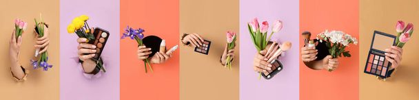Κολάζ γυναικείων χεριών με πινέλα μακιγιάζ, διακοσμητικά καλλυντικά και φρέσκα λουλούδια μέσα από τρύπες σε έγχρωμο χαρτί. Διεθνής Ημέρα της Γυναίκας - Φωτογραφία, εικόνα