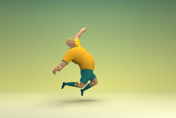 Um atleta usando uma camisa amarela e calças verdes está pulando. 3d renderização de personagem de desenho animado em agir. - Foto, Imagem