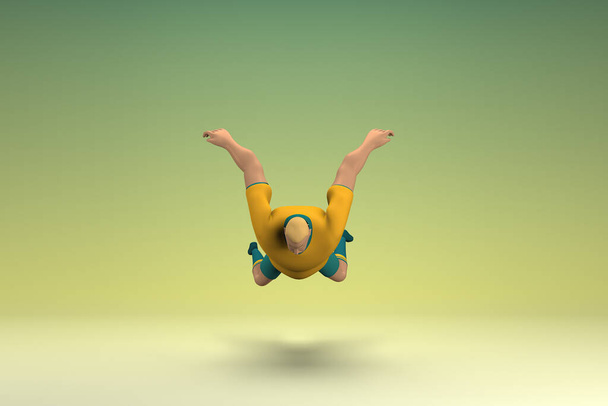 Un atleta con camisa amarilla y pantalones verdes. Se está cayendo. 3d representación del personaje de dibujos animados en la actuación. - Foto, imagen