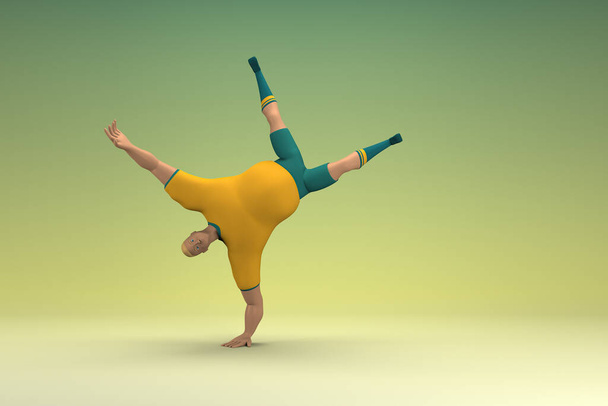 Um atleta de camisa amarela e calças verdes. Ele está a fazer exercício. 3d renderização de personagem de desenho animado em agir. - Foto, Imagem