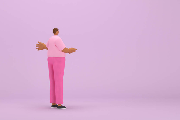 De zwarte man met roze kleren. Hij is de uitdrukking van lichaam en hand wanneer hij spreekt. 3d weergave van stripfiguur in acteren. - Foto, afbeelding