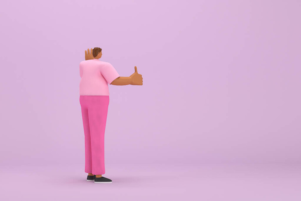 Чорний чоловік з рожевим одягом. Він виражає тіло і руку під час розмови. 3D візуалізація мультиплікаційного персонажа в акторській майстерності
. - Фото, зображення