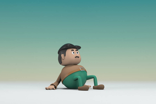 Muž s knírkem v hnědých dlouhých košilových zelených kalhotách. Sedne si. 3D vykreslování kresleného postavičky v herectví. - Fotografie, Obrázek