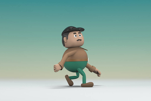 The man  with mustache wearing a brown long shirt green pants.  He is pulling or pushing something. 3d rendering of cartoon character in acting. - Foto, imagen