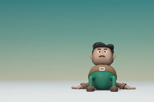 The man  with mustache wearing a brown long shirt green pants.  He is sit down. 3d rendering of cartoon character in acting. - Foto, imagen