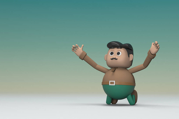 Kahverengi uzun gömlek ve yeşil pantolon giyen bıyıklı adam. O sevinçle diz çöküyor. Oyunculuktaki çizgi film karakterinin 3d çizimi. - Fotoğraf, Görsel